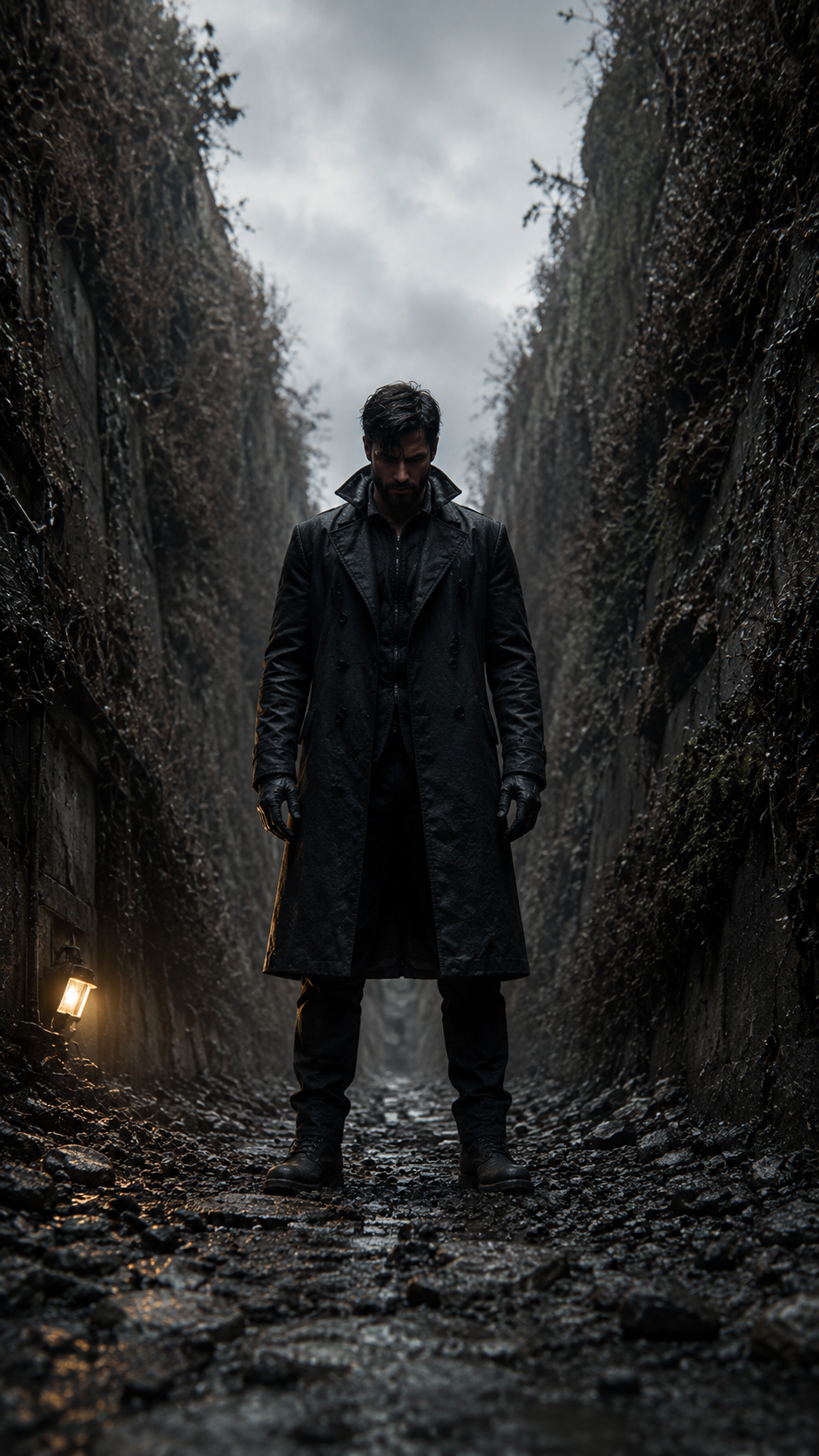 A man wearing a long black coat and leather gloves standing in a dark, narrow alley with wet cobblestones, dim lighting, and overcast sky.