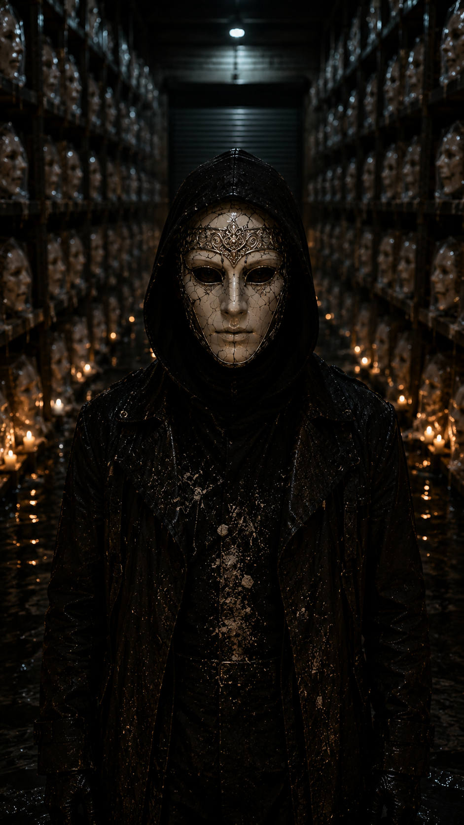 A person in a cracked porcelain mask with ornate metal designs stands in a dimly lit room lined with shelves of masks and candles.
