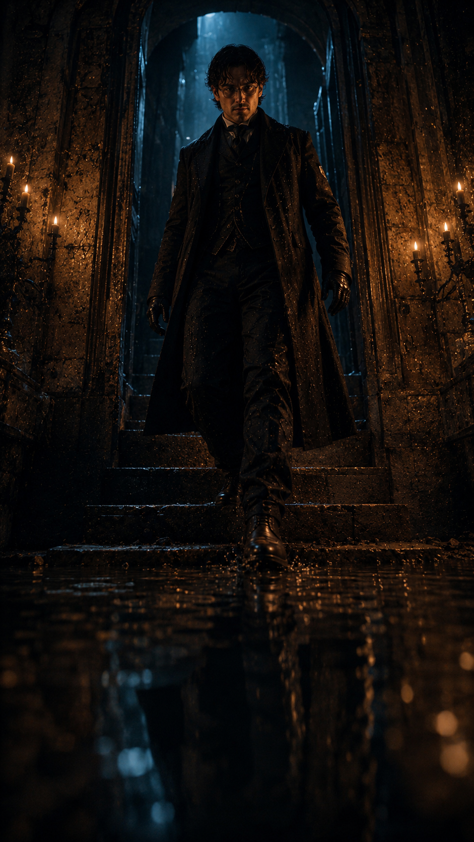 A man walking down wet stone stairs inside a dimly lit, gothic-style corridor illuminated by candlelight.