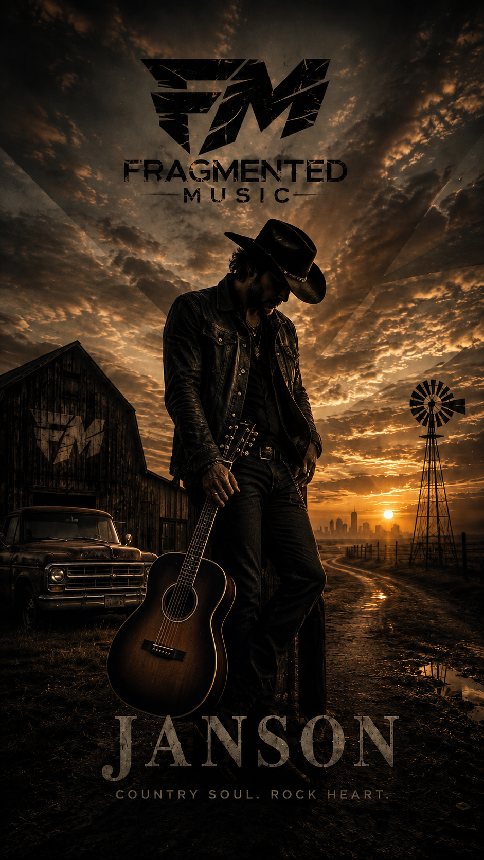 A silhouette of a man wearing a cowboy hat and a leather jacket holding a guitar, standing in a rural farm setting during sunset with a barn and an old truck in the background. The sky is dramatic with scattered clouds and the sun near the horizon. Text overlay reads "FM Fragmented Music Janson" with the tagline "Country Soul. Rock Heart."