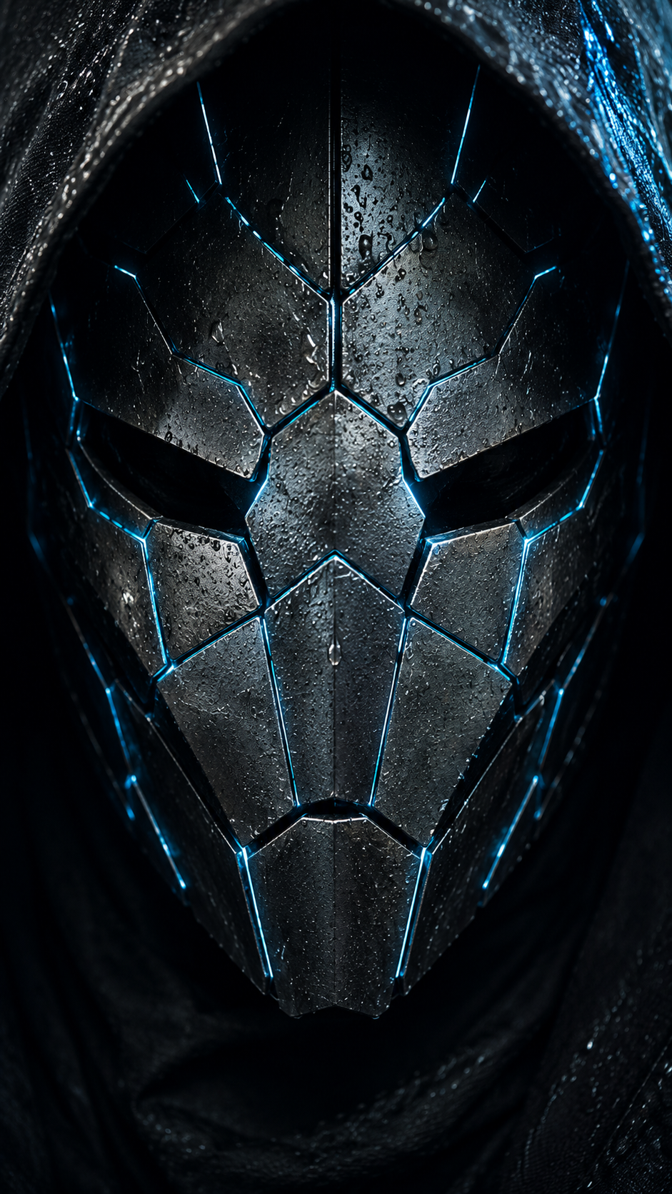 Close-up of a futuristic metallic mask with glowing blue lines, wet surface, and hood surrounding it.