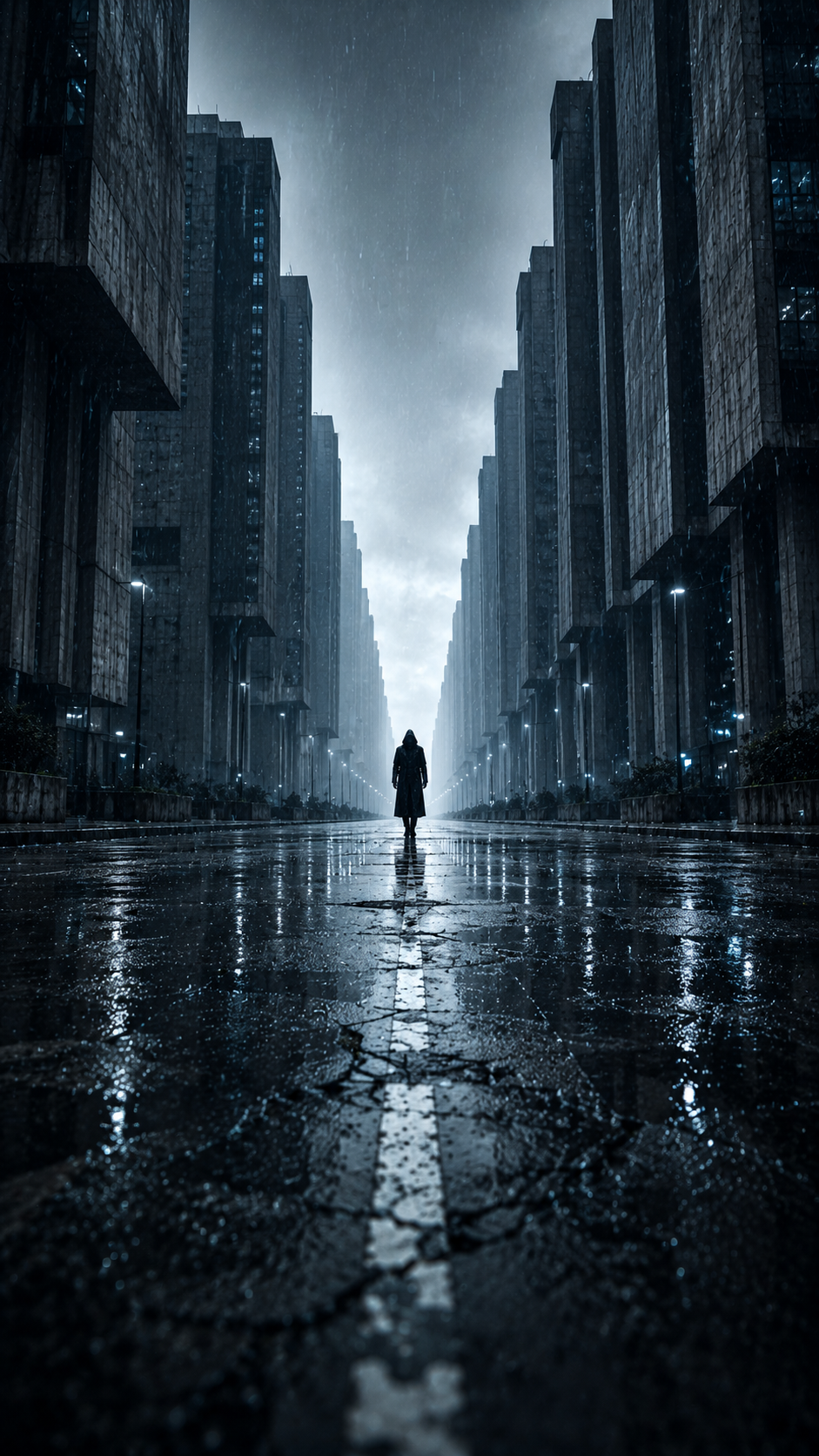 A person standing alone in the middle of a wet street at night, surrounded by tall, dark buildings under a stormy, overcast sky.