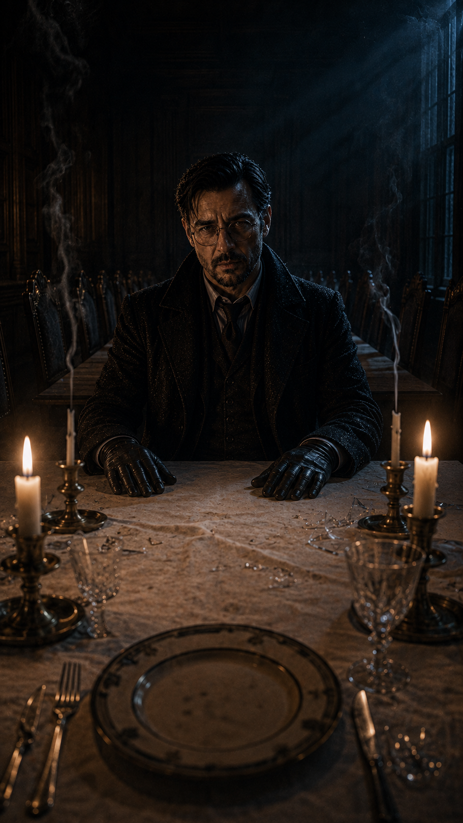 A man with dark hair, glasses, and a beard sits at a dimly lit table with a serious expression. The table has candles, broken glass, and an empty plate, in a dark, ominous room with wooden walls and large windows.