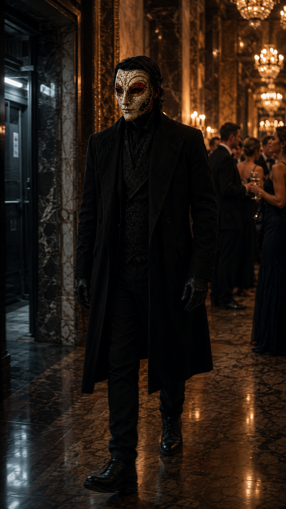 A person in a black coat, gloves, and boots wearing an ornate gold and red mask, walking through a luxurious, dimly lit ballroom with chandeliers and other guests in formal attire.