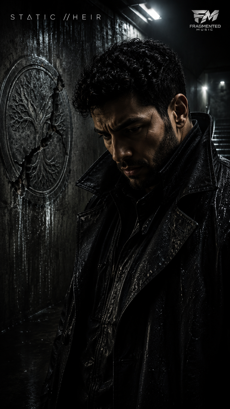 A young man with dark curly hair and a beard, wearing a wet black leather jacket, stands in a dark, rainy urban alleyway at night, looking downward with a serious expression, wet pavement and a metal emblem on the wall behind him.