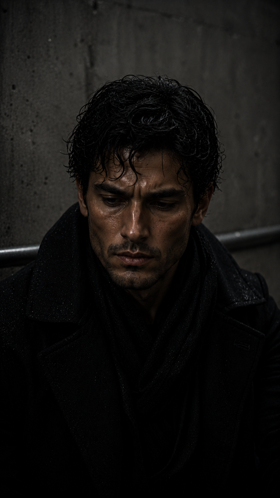A man with dark, wet hair and a soaked black coat sitting against a concrete wall, looking down with a serious or somber expression.