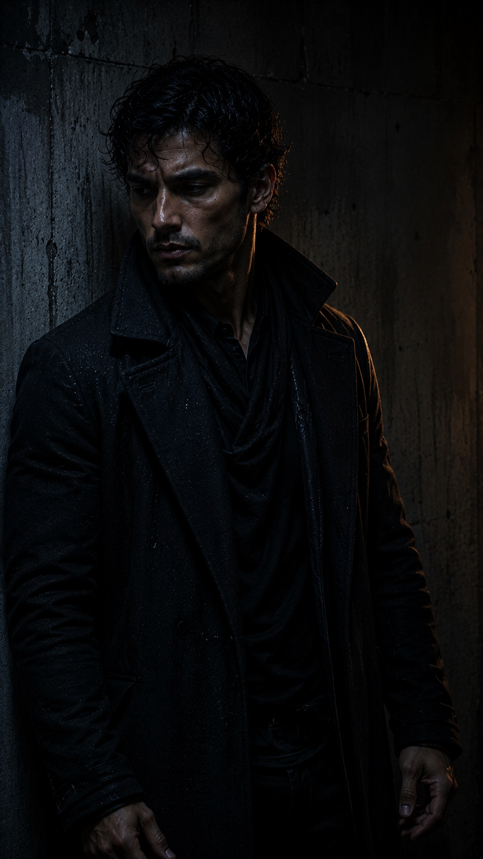 A man with wet hair and dark clothes leaning against a wet concrete wall in a dimly lit setting.