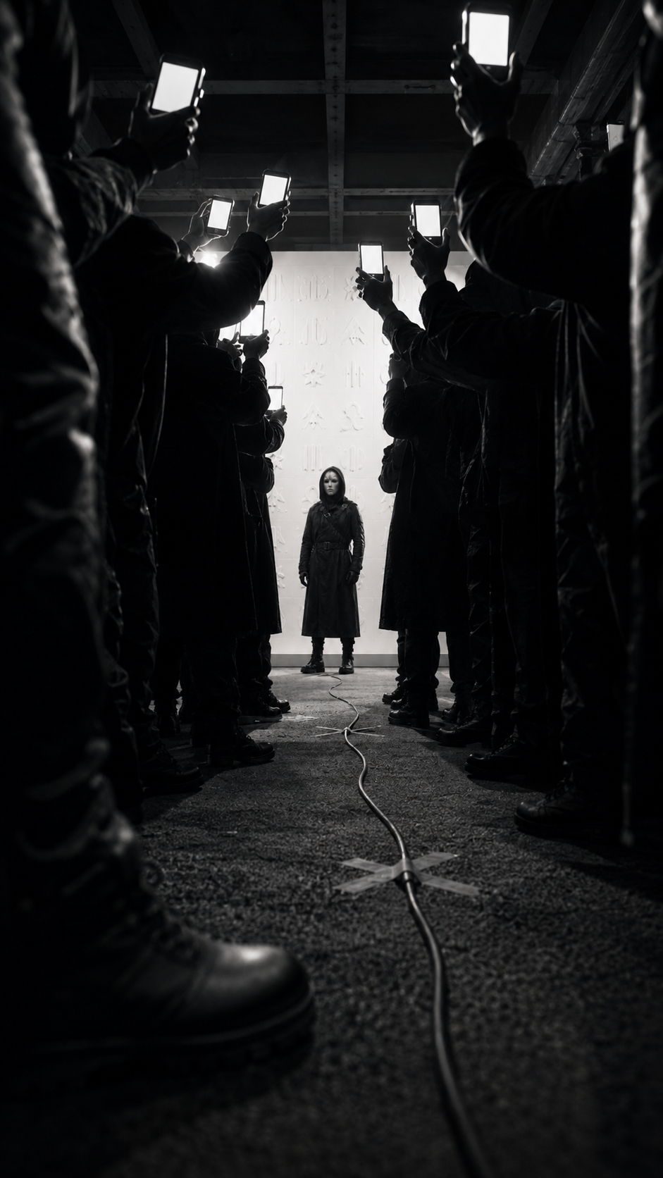 A woman stands in the middle of a dark room, surrounded by people on both sides holding smartphones, taking pictures or videos. The room has a textured wall with abstract symbols in the background.