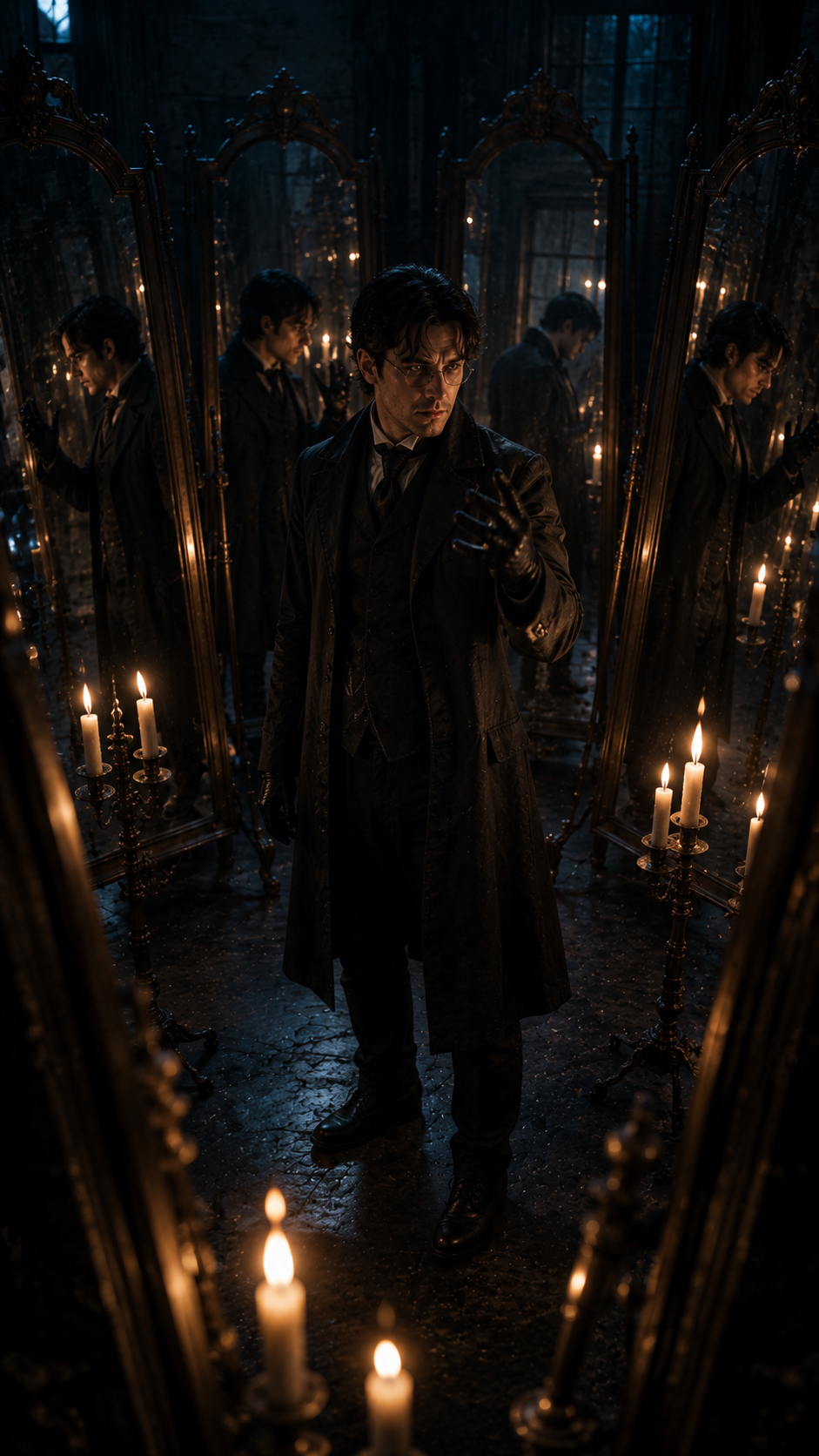 A man dressed in a black coat and glasses stands in a room filled with tall, ornate mirrors, lit by numerous lit candles on candelabras, creating a mysterious atmosphere.