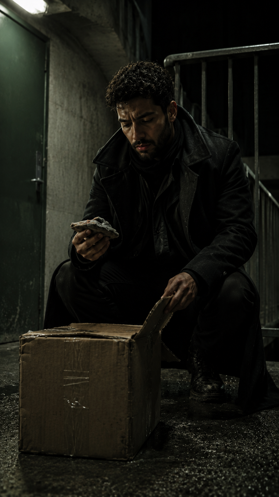 A man with curly hair and a beard, dressed in black clothing, is kneeling down and looking at an object in his hand. He is in a dark, gritty alley with a green door and metal railing nearby. There is a cardboard box on the ground in front of him.