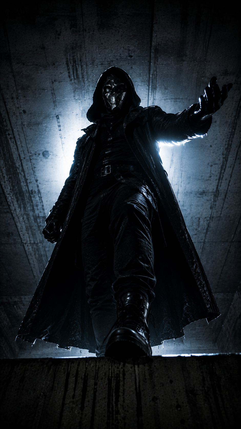 A person wearing a hooded jacket, black gloves, and black pants, standing with one foot on the ground and one foot slightly raised. The face is covered with a reflective, metallic mask, and the person is reaching out with one hand. The background features a dark, industrial-style ceiling with bright backlighting creating a dramatic, shadowed effect.