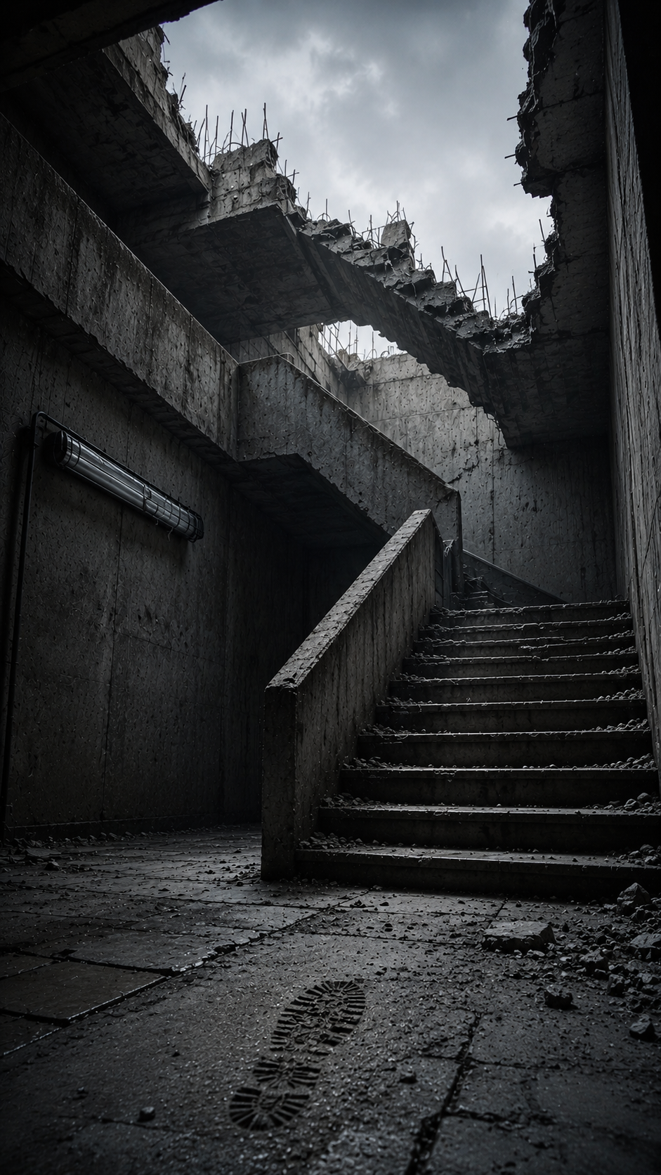 A stairwell with broken and crumbling concrete walls, debris on the floor, and a cloudy sky visible through a large hole in the ceiling.