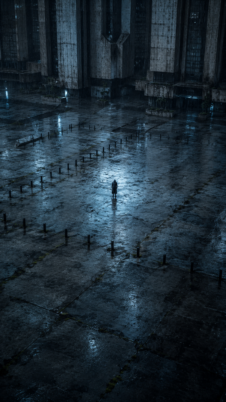 A solitary person stands on a wet, empty urban street at night, with rain falling and dim blue lighting illuminating the scene.