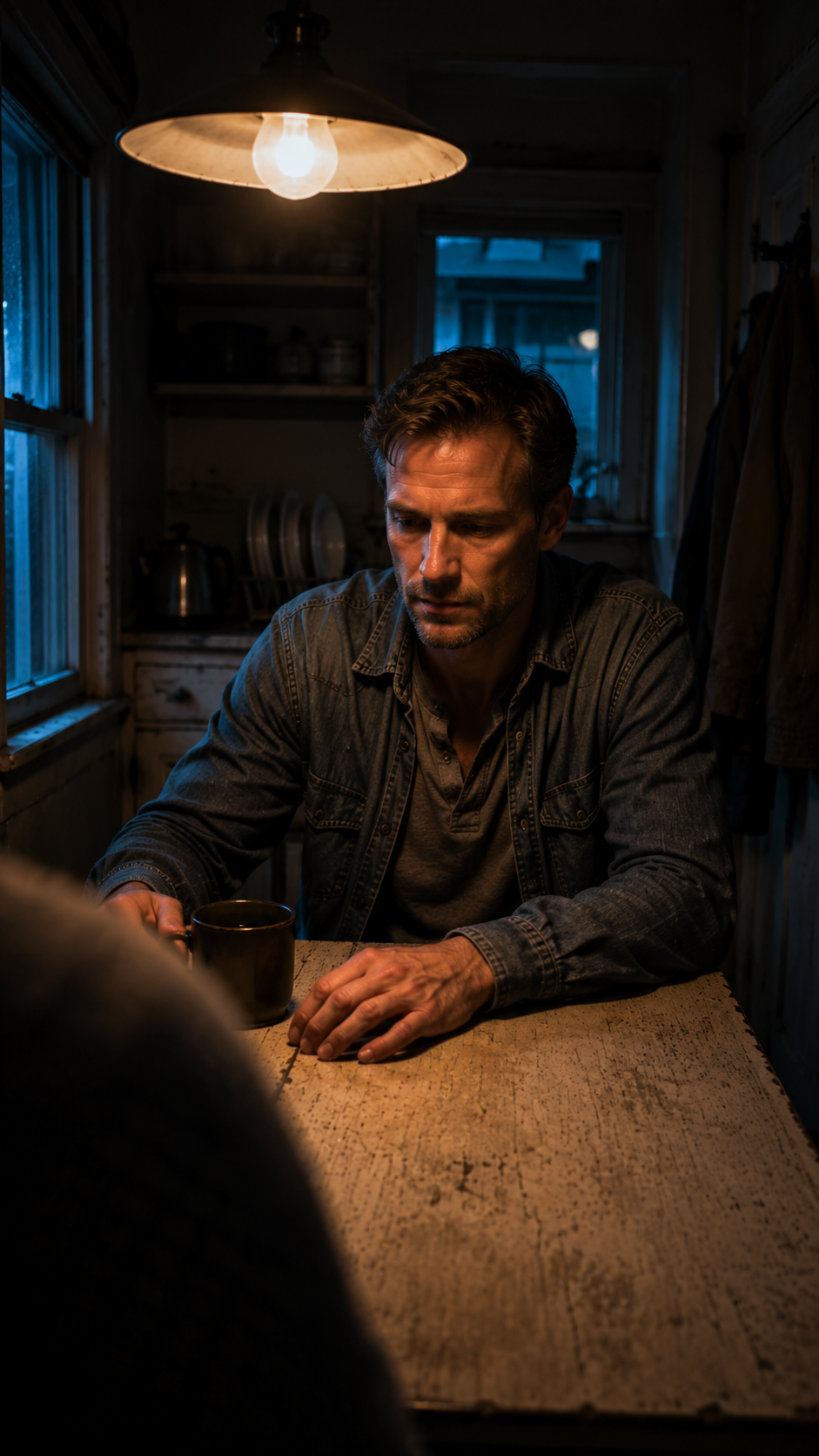 A man sitting at a wooden table in a dimly lit rustic kitchen, holding a mug, with a somber expression.