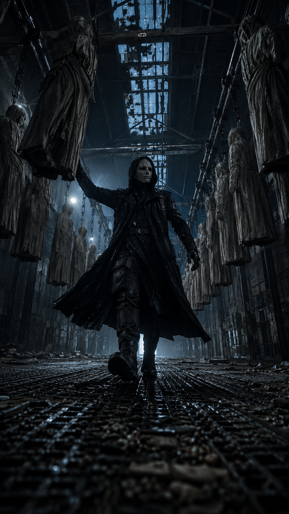 A person wearing a dark coat and mask walking through a dimly lit space filled with hanging figures in protective clothing, in a horror setting.