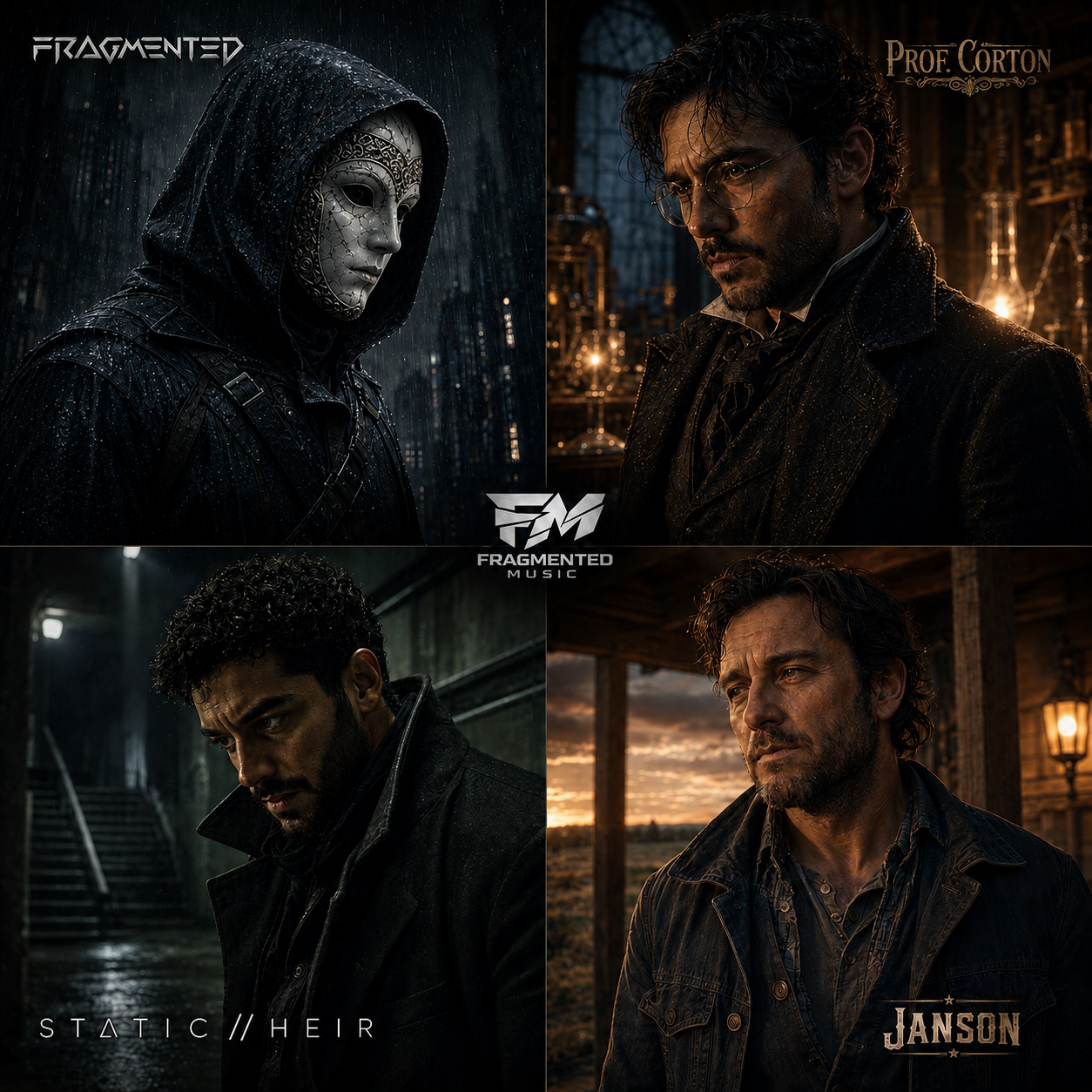 Collage of four portraits of men in dark, moody settings, with text overlays. Top left features a figure in a raincoat with a mask, labeled 'Fragmented.' Top right shows a man with glasses in a lab, labeled 'Prof. Corton.' Bottom left is a man in a leather jacket in an alley, labeled 'Static//Heir.' Bottom right is a man in a jacket at sunset, labeled 'Janson.'