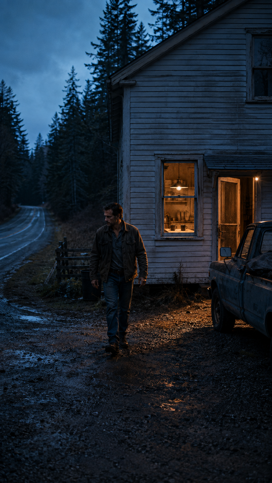 A man walking outside a weathered white house at dusk, with a lit interior visible through a window, a pickup truck parked nearby, and a forested road in the background.