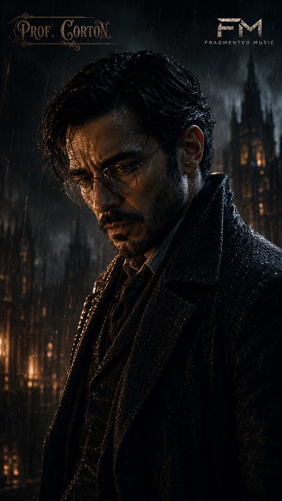 Dark and rainy scene featuring a man with glasses, wet hair, and a soaked coat, standing in front of a dark cityscape with illuminated buildings in the background.