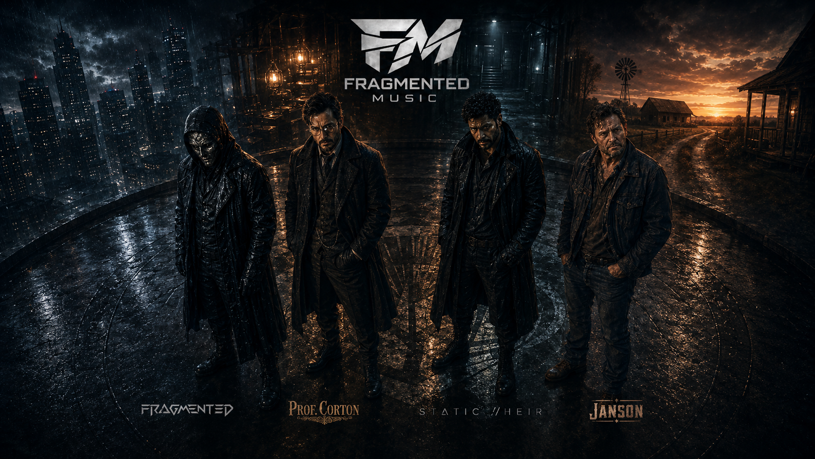 Four men stand in the rain on a circular patterned surface at night, with a dark cityscape on the left and a rural sunset scene with a windmill on the right. The logo for Fragmented Music is at the top center, and the names Fragmented, Prof. Corton, Static Heir, and Janson are at the bottom.