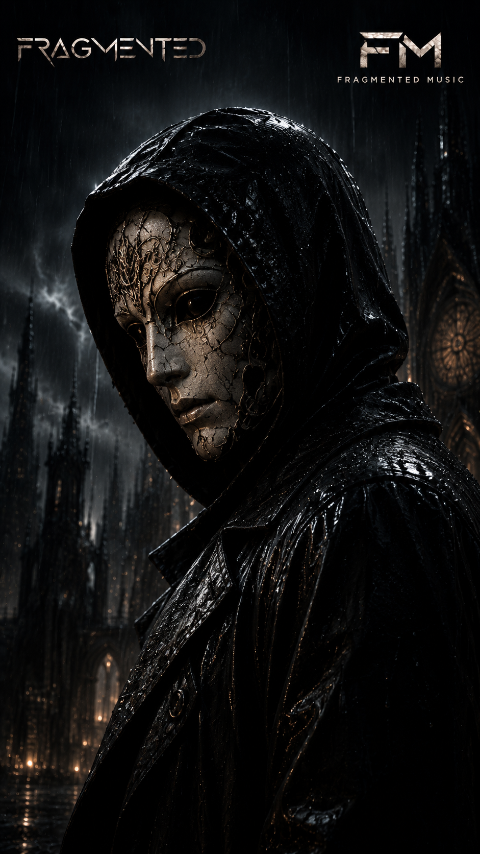A dark, rain-soaked scene featuring a person wearing a black hooded raincoat. The person's face is partially covered with a cracked, ornate mask with intricate patterns, giving a mysterious and eerie vibe. In the background, gothic-style architecture and a large clock window are visible under a stormy, rainy sky.