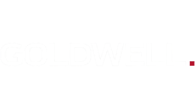 GOLDWELL logo in white text with a purple dot on a black background.
