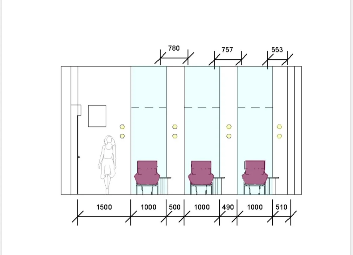 Architectural floor plan showing three individual spaces separated by glass partitions with measurements in millimeters. Each space has a purple chair and a small table, with a person depicted standing to the left.