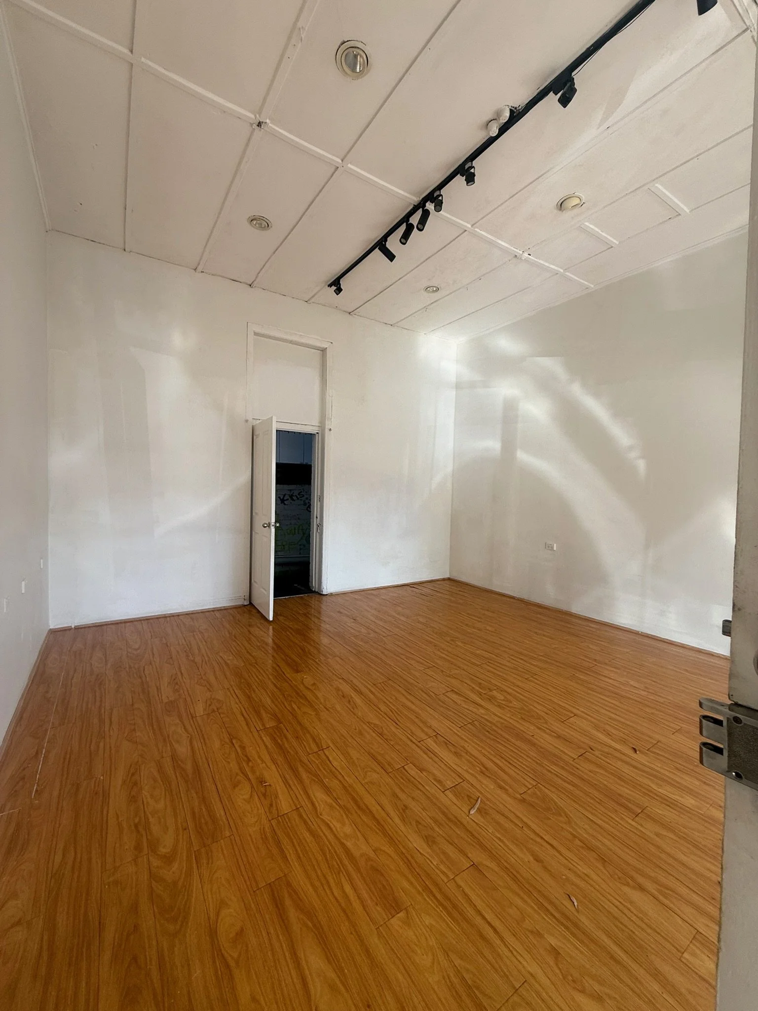 Empty room with wooden floor, white walls, a partially open door, and a ceiling with track lighting and small recessed lights.