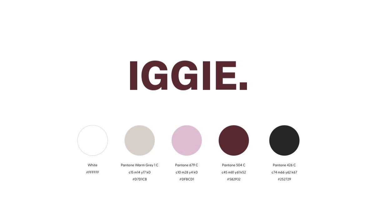 The image contains the text "IGGIE" in large, bold letters, with a period after the name. Below it are five color swatches labeled from left to right as White, Warm Grey, Pink, Burgundy, and Black, with their respective Pantone and Hex color codes.