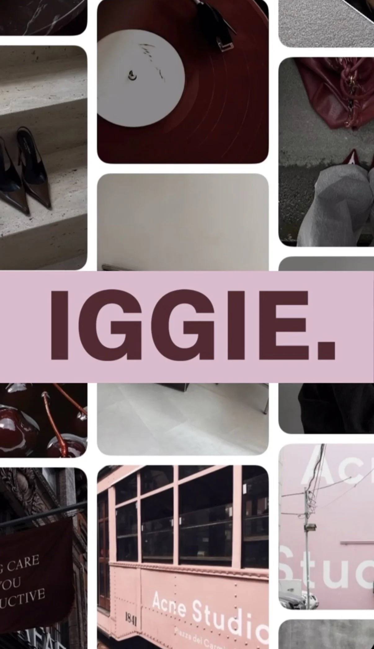 A collage of images that includes a blush pink storefront with the sign it says 'Acne Studios,' a vintage red tour record with a white center label, a pair of black high heel shoes on a marble staircase, and various other urban city scenes and close-