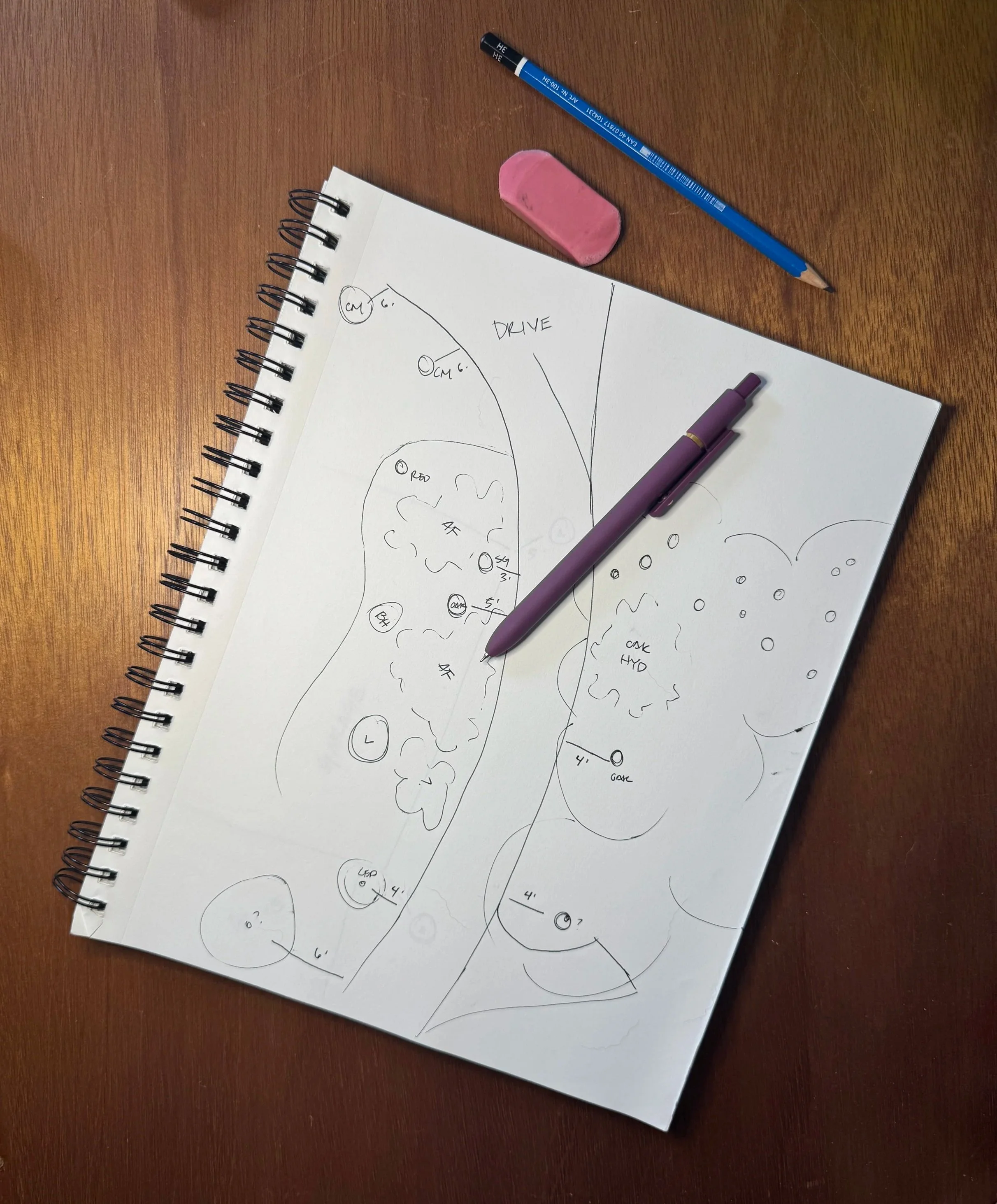 A spiral-bound notebook with hand-drawn sketches of a rough landscape plan on a wooden table. There is a pink eraser, a blue pen, and a purple pen placed on the paper.