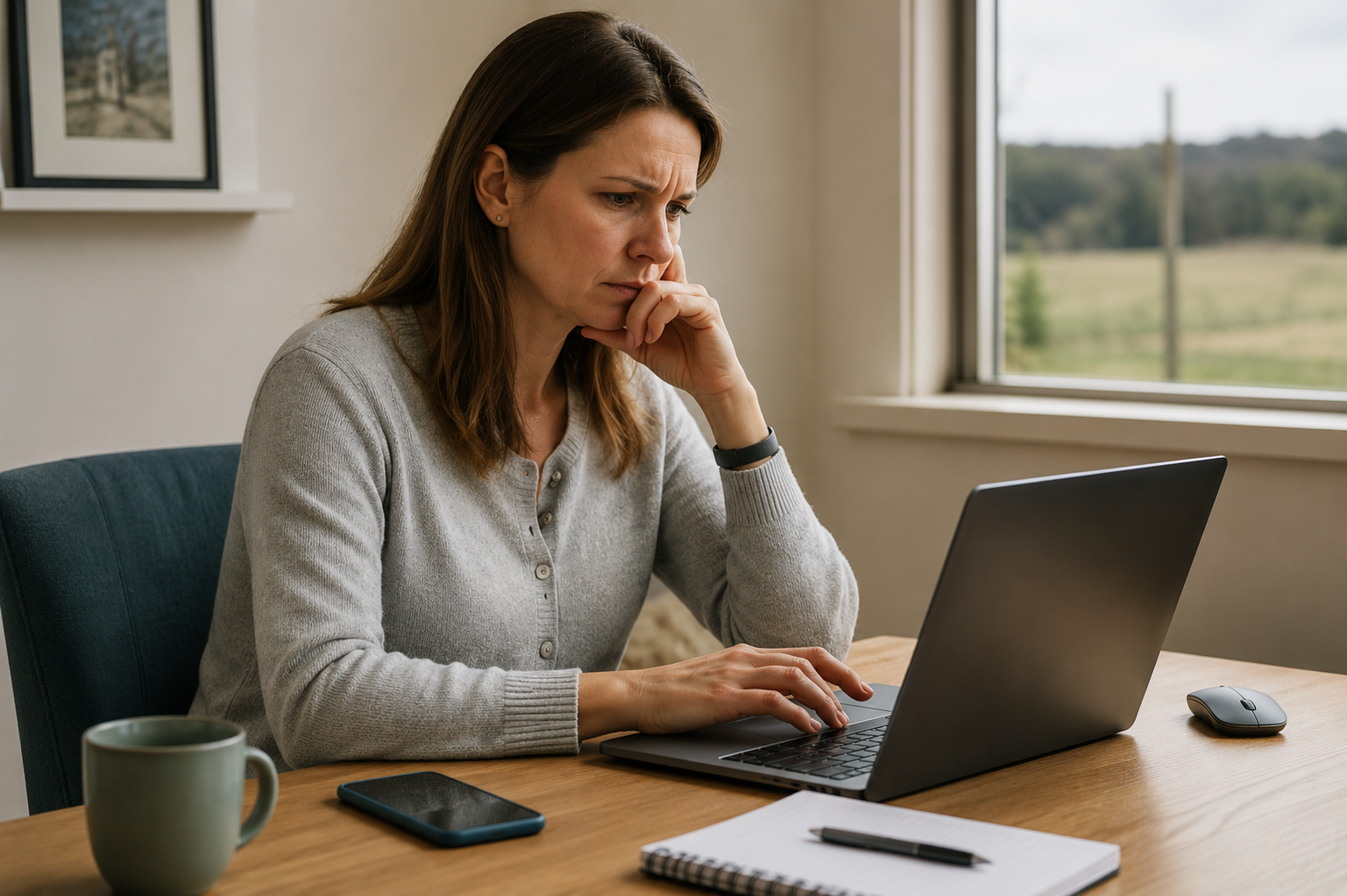 A parent studying a pc at home.