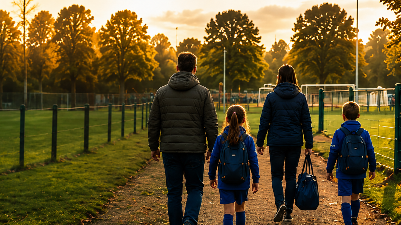 A family of four walking on a dirt path through a park during sunset, with trees and sports fields in the background, all wearing jackets and carrying backpacks.