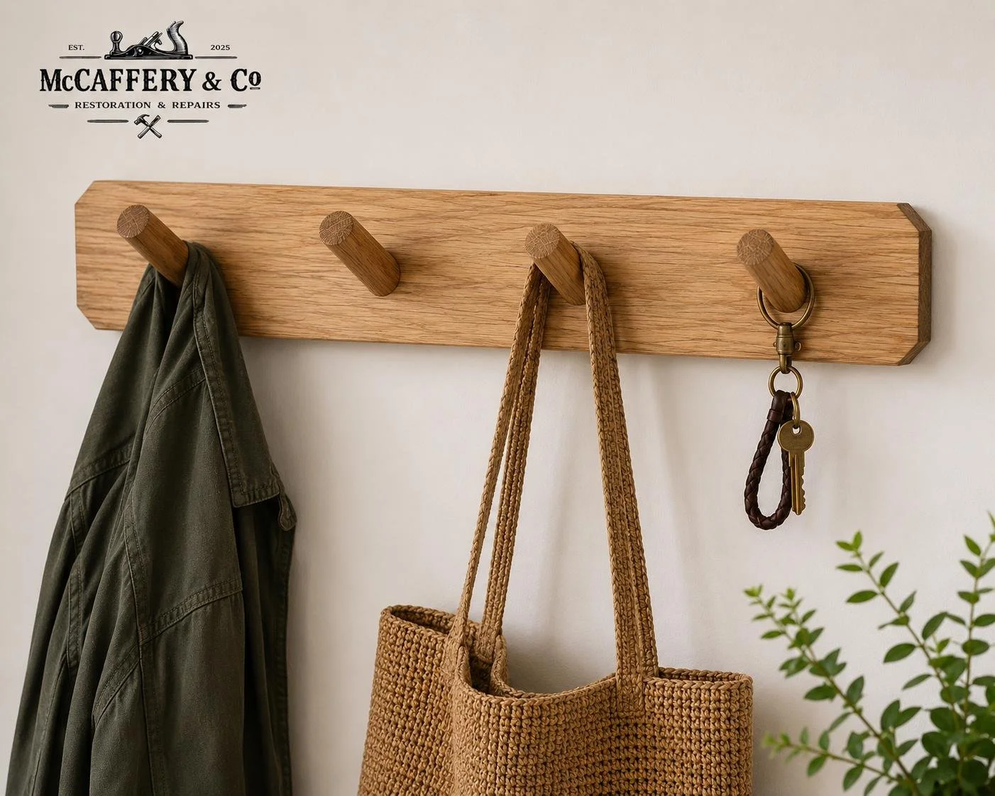 Handmade Wooden Peg Rail, Slanted Coat Hooks, Hallway Storage Rack