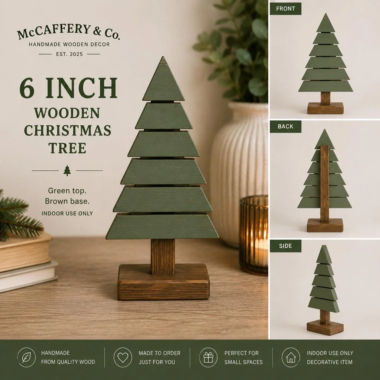 Wooden Christmas Tree 6 Inch | Tabletop Festive Decoration | Green Painted | Handmade in UK