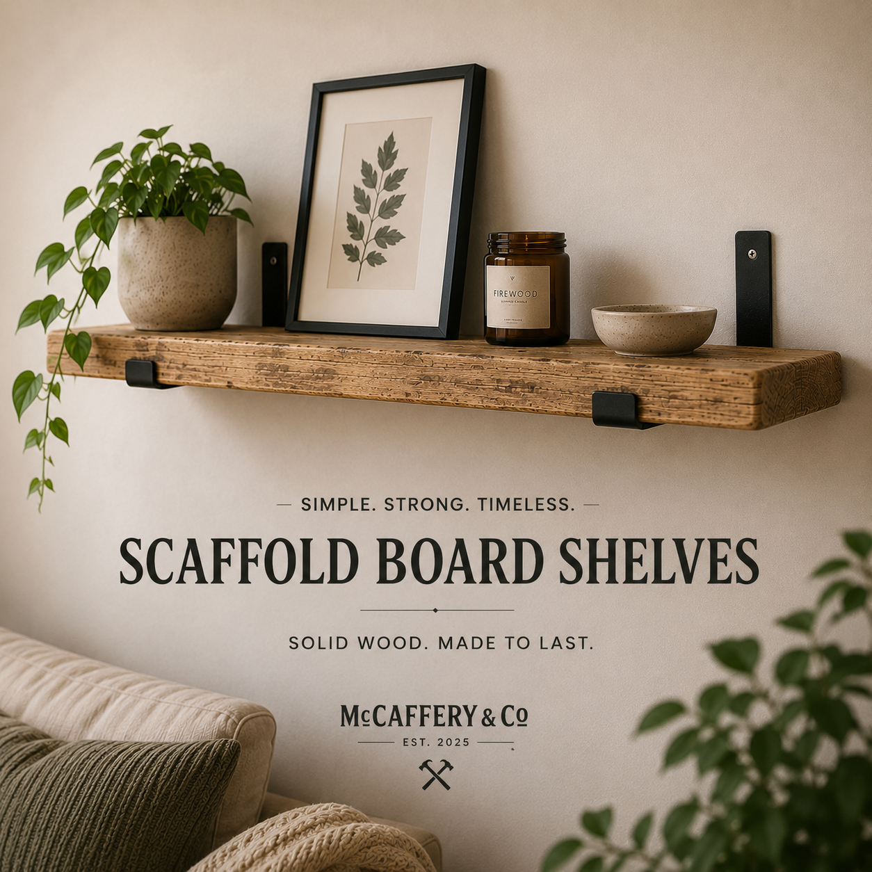 Solid Wood Scaffold Board Shelf with Brackets | Handmade Industrial Shelving