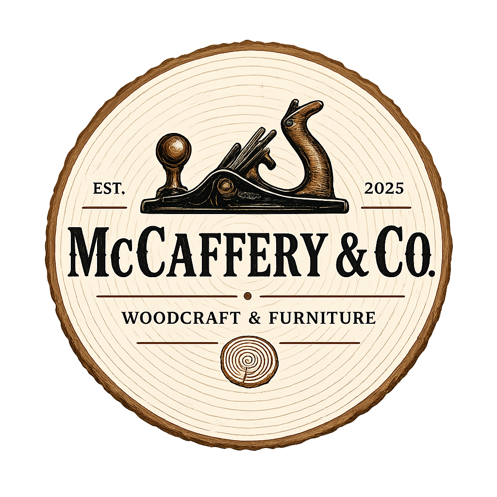A circular wooden logo for McCaffery & Co., a woodcraft and furniture business established in 2025, featuring a logo with a wood plane, wood dowels, and a small tree ring illustration.