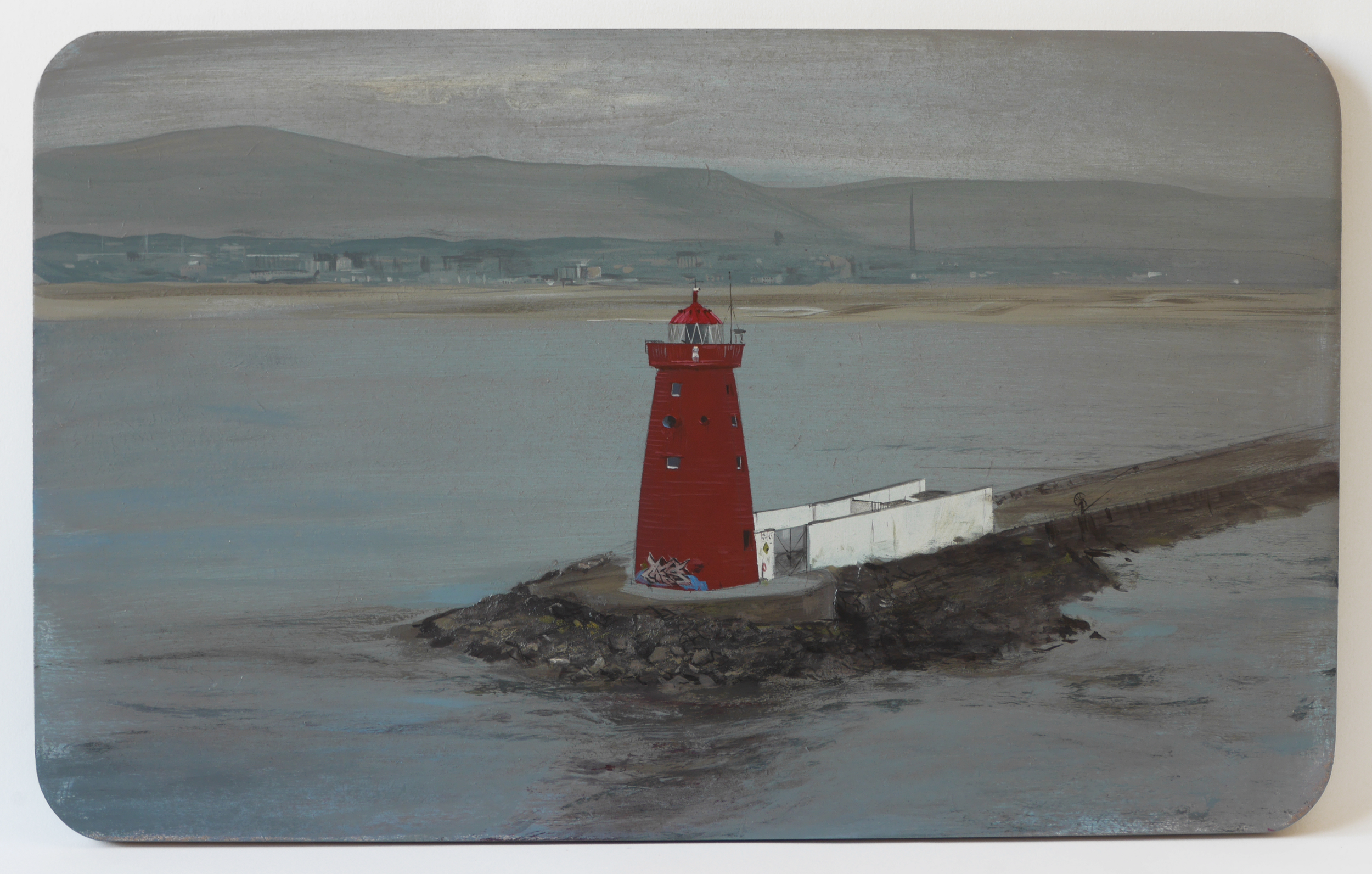 A painting of a red lighthouse on a rocky shoreline with water in the foreground and a gray, hilly landscape in the background.
