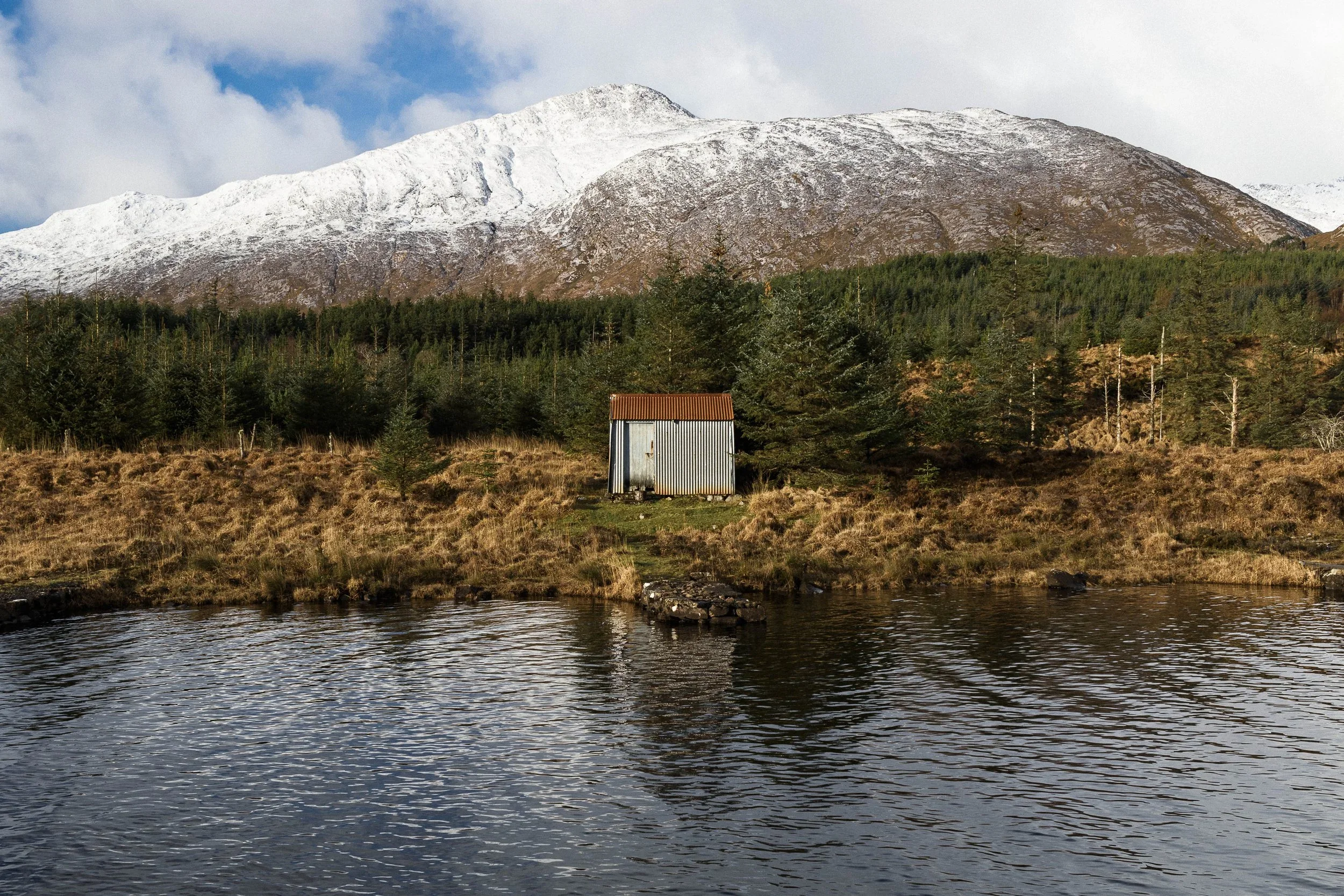 A mountain landscape with snow-capped peaks, a dense forest of evergreen trees, a small shed with a rusted roof, and a body of water in the foreground.