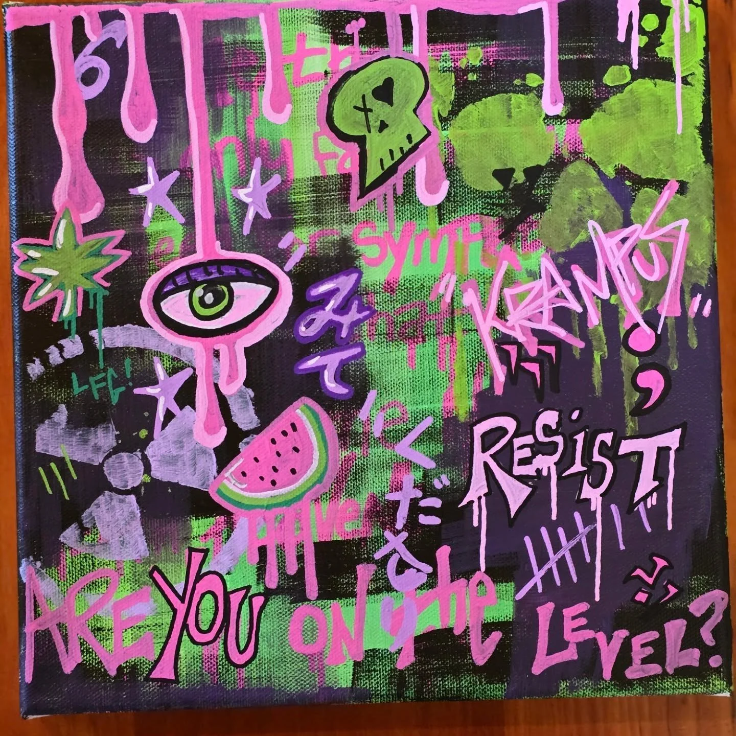 Colorful graffiti-style artwork with pink, purple, green, and black abstract shapes, words like 'Resist', 'Level', 'You on the level?', and various symbols including a skull, eye, watermelon, stars, and marijuana leaves.