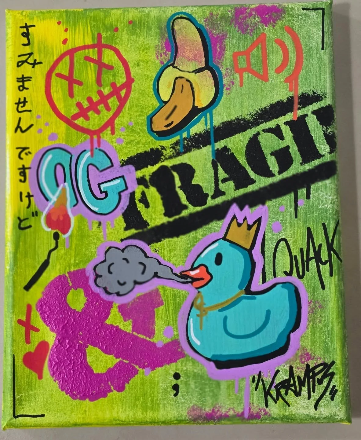 Colorful graffiti-style artwork with a green background, featuring a cartoon duck smoking, a cartoon banana with a face, and a cartoon heart with a stitched face. The word "TRACER" is prominently displayed in black, and various words and symbols such