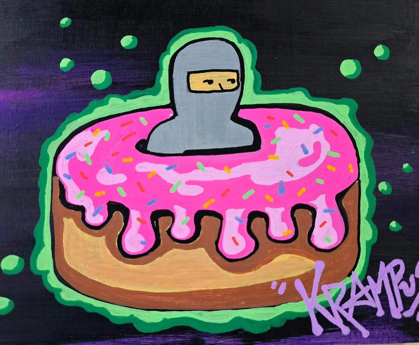 A cartoon-style drawing of a person in a gray hoodie with a yellow face mask, submerged in a large pink donut with colorful sprinkles, surrounded by green and purple background elements.