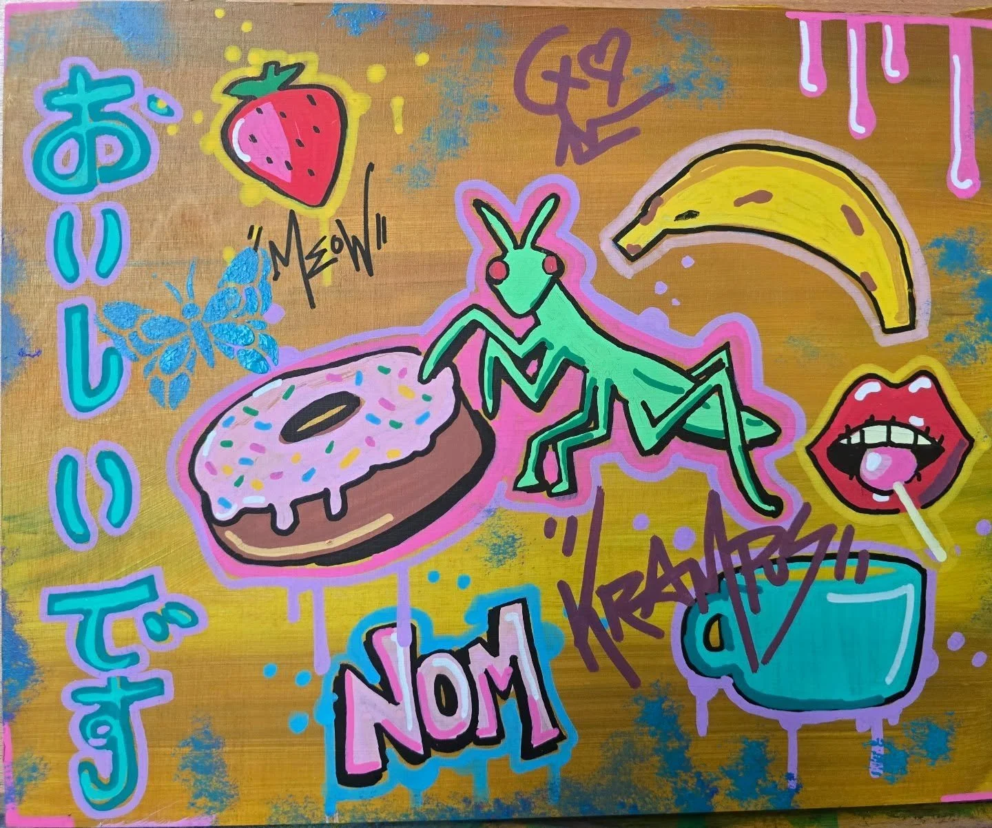 Colorful graffiti-style artwork featuring a green praying mantis, a pink donut with sprinkles, a banana, a strawberry, a mouth with a lollipop, and various stylized Japanese characters and words like "MEOW" and "NON" on a yellowish background.