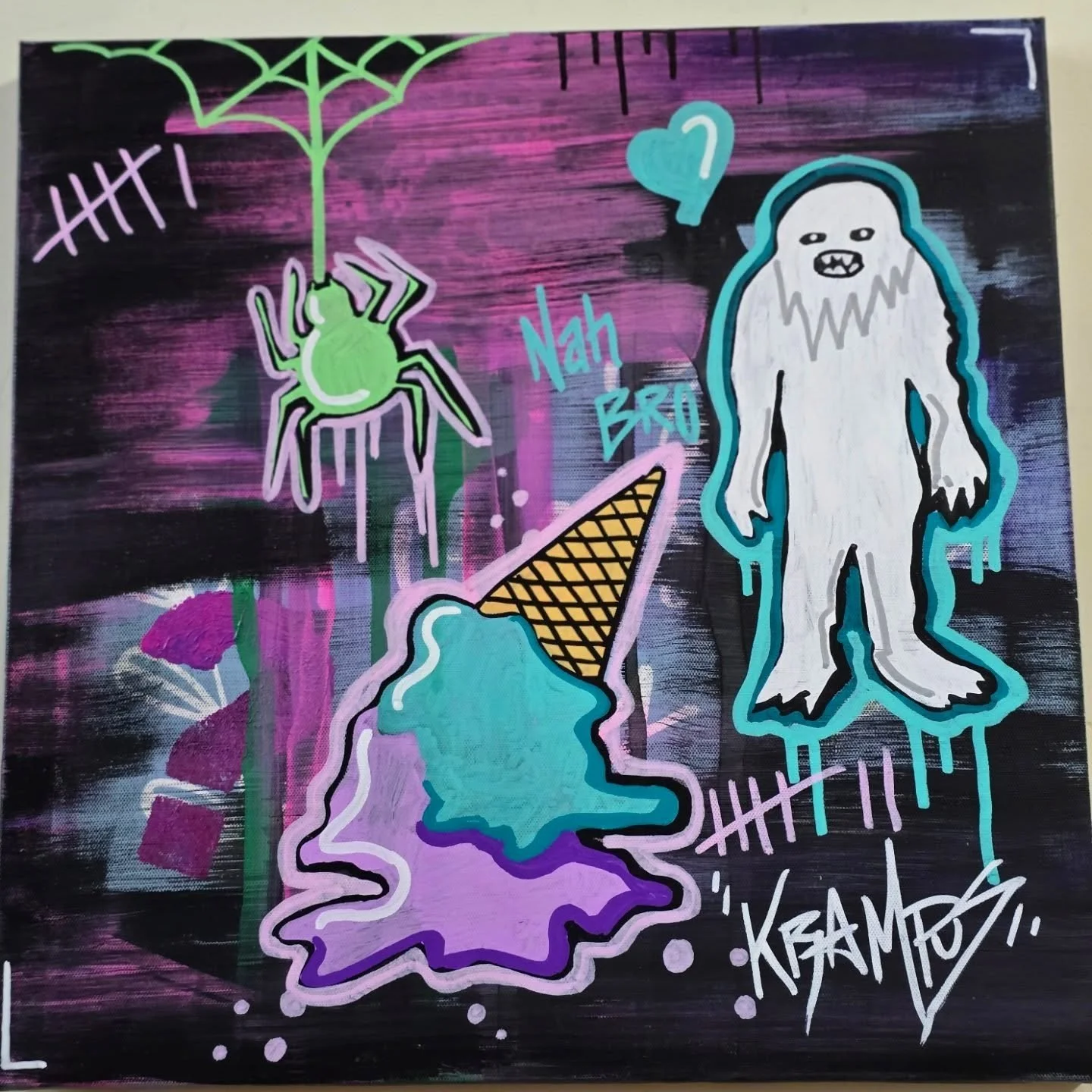 Graffiti-style artwork featuring a green spider hanging from a web, a blue ice cream cone with melting ice cream, a yeti-like creature outlined in blue, and colorful text including "Nah Bro" and "Kream" on a dark, textured background.