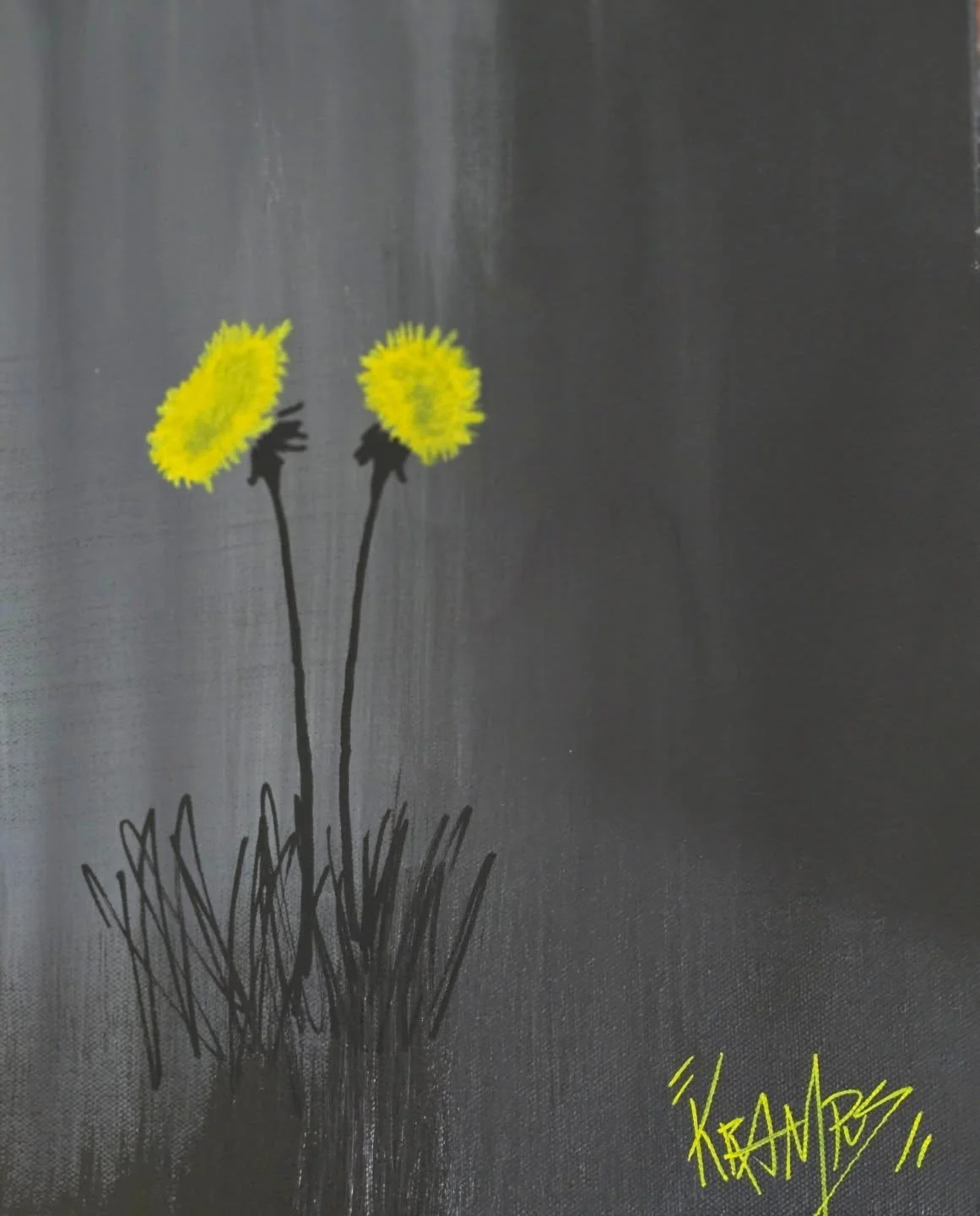 Painting of two yellow dandelions with black stems and grass, on a dark background, signed in yellow.