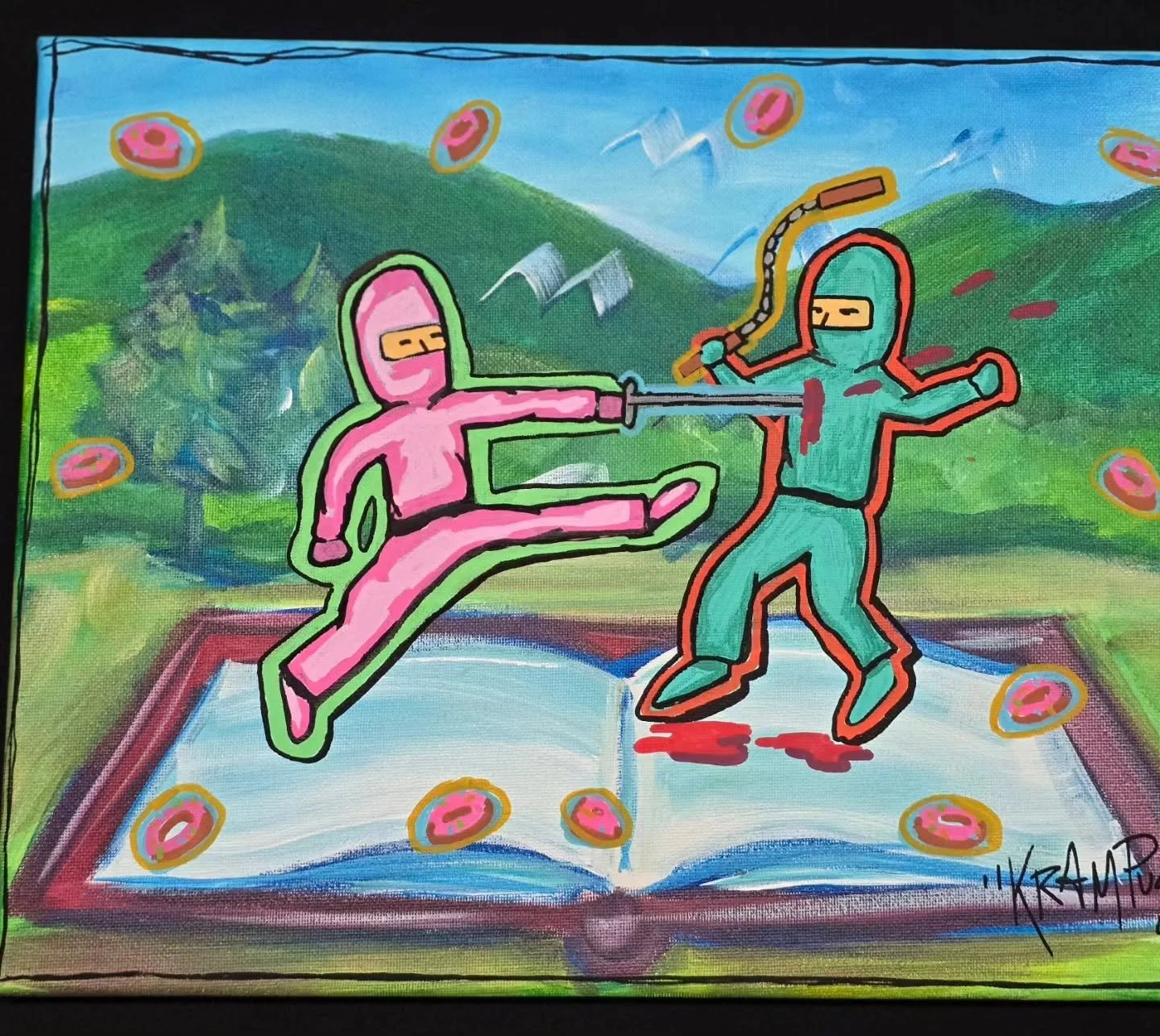 Colorful illustration of two ninja figures fighting, one in pink and the other in teal, with mountains in the background and donuts floating around, on an open book.