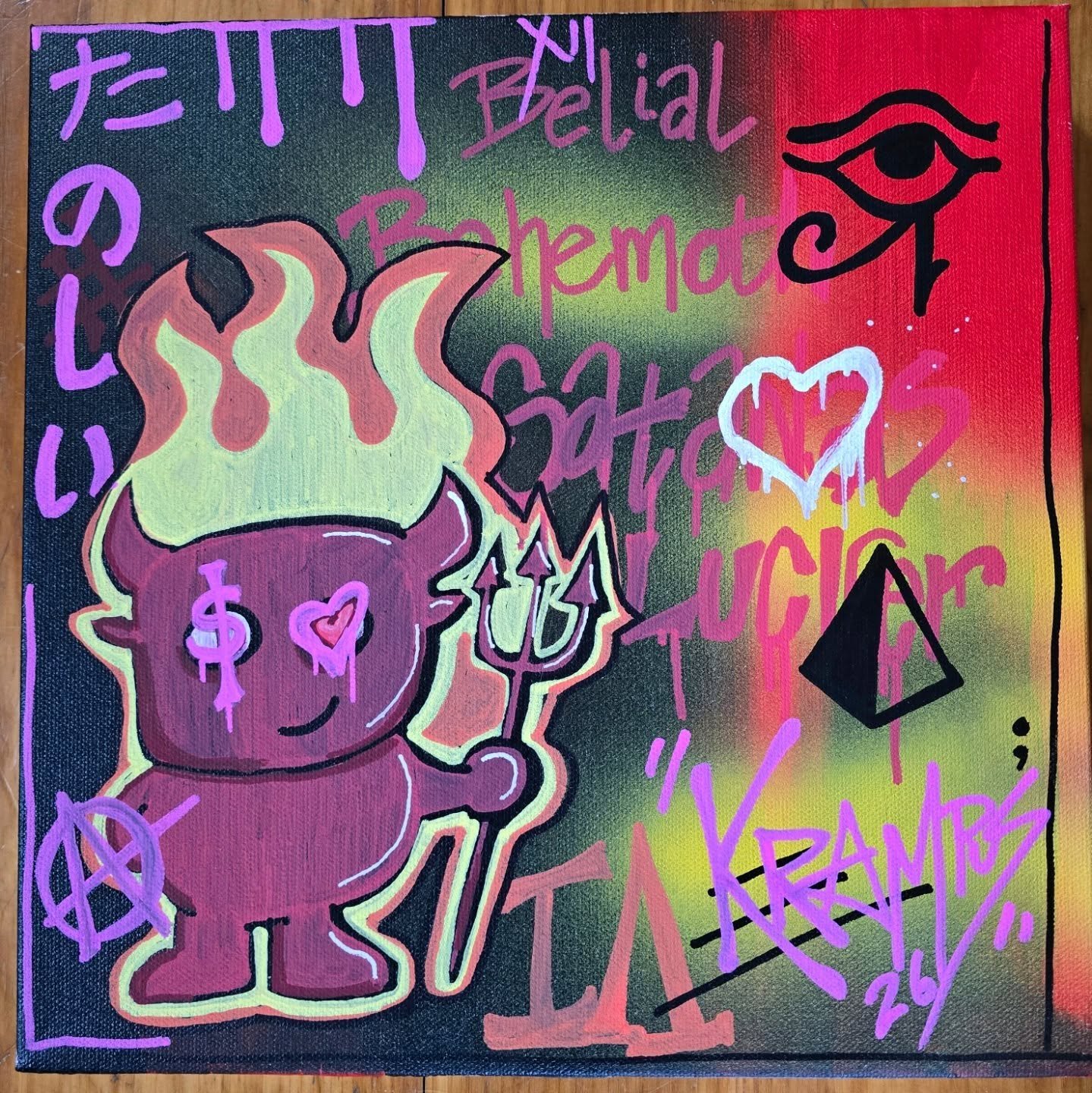 A colorful graffiti-style artwork featuring a cartoon devil character with a large flame for hair, halo, and dollar sign and heart symbols for eyes, holding a drink. The background is a vibrant mix of pink, green, and yellow with various overlapping 