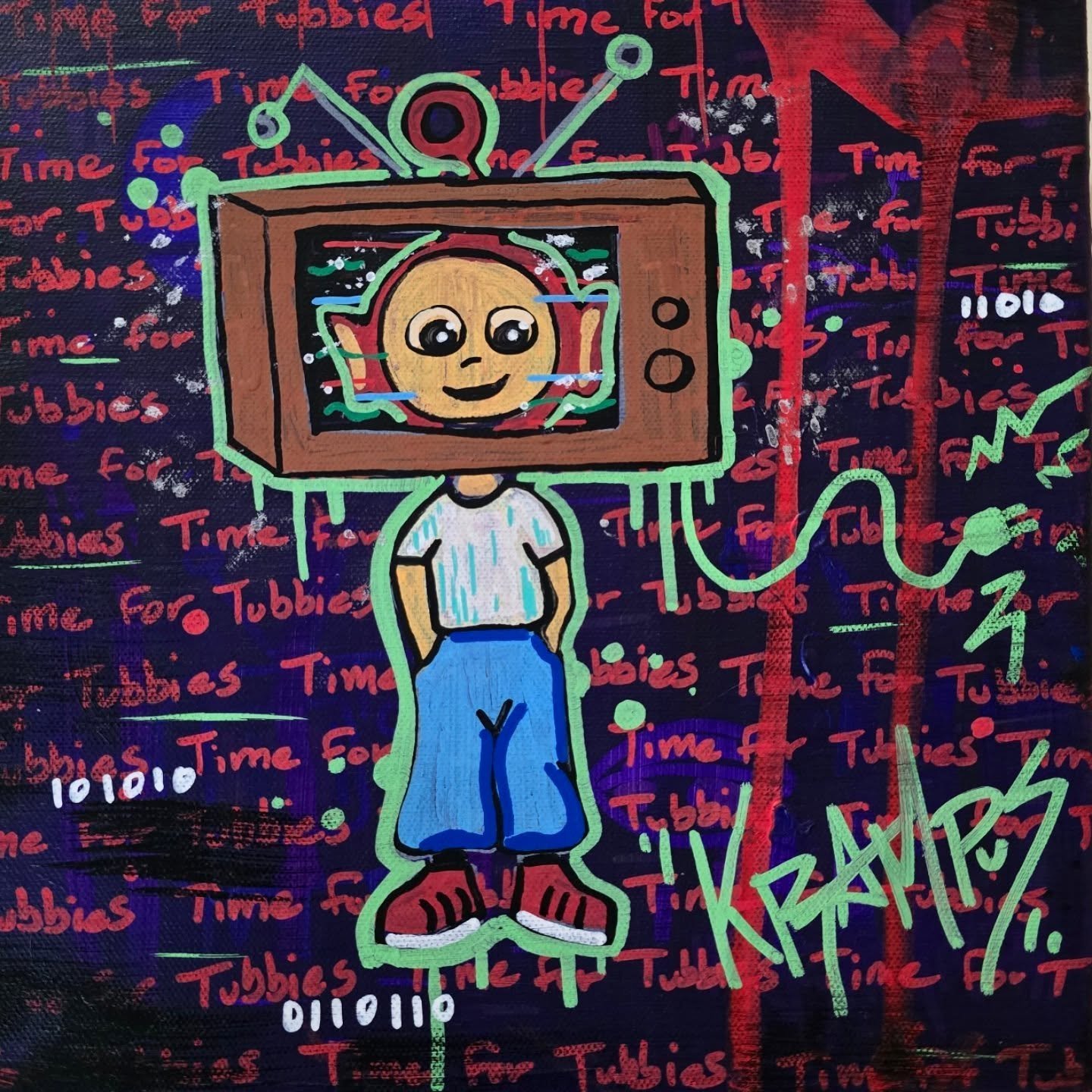 Drawing of a person with a TV for a head, smiling face on the TV screen, standing with hands in pockets, background decorated with red and purple scribbles and words 'Time for Tubbies' repeatedly written in red, with additional green and white illust