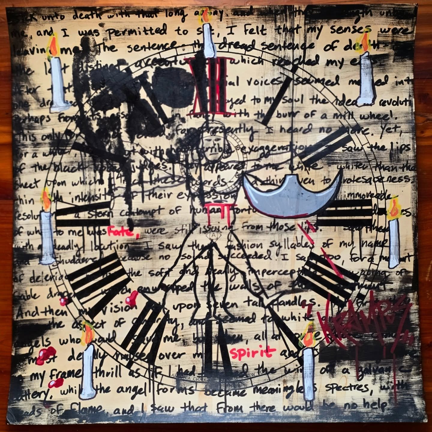 Mixed media artwork combining handwritten text in black ink with abstract drawings of candles, a moon, a human figure, and a compass. The background is textured with layers of black paint, and red and yellow accents highlight the candles and the word