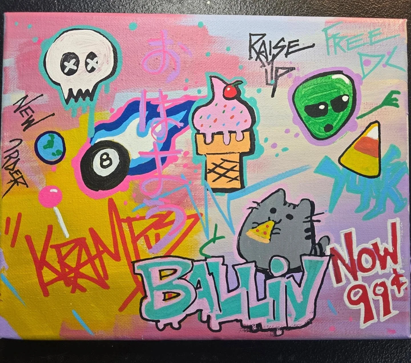 A colorful graffiti-style art piece featuring various drawings and words, including a skull with X's for eyes, an infinity symbol, a globe, a slice of pizza, an ice cream cone with a cherry, a green alien face, and a gray cat eating pizza. The backgr