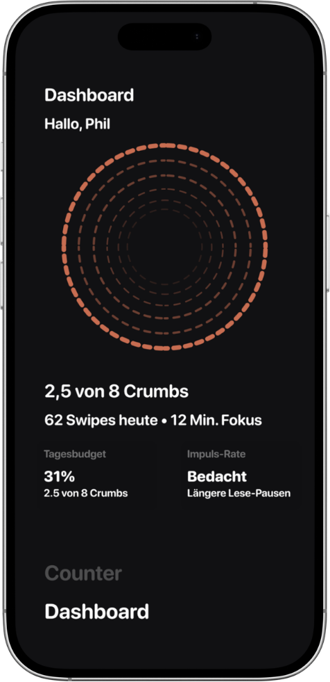 Crumbs Dashboard UI – Modulares Whoop-inspiriertes Design mit kreisförmigem Crumb-Ring und Tagesbudget